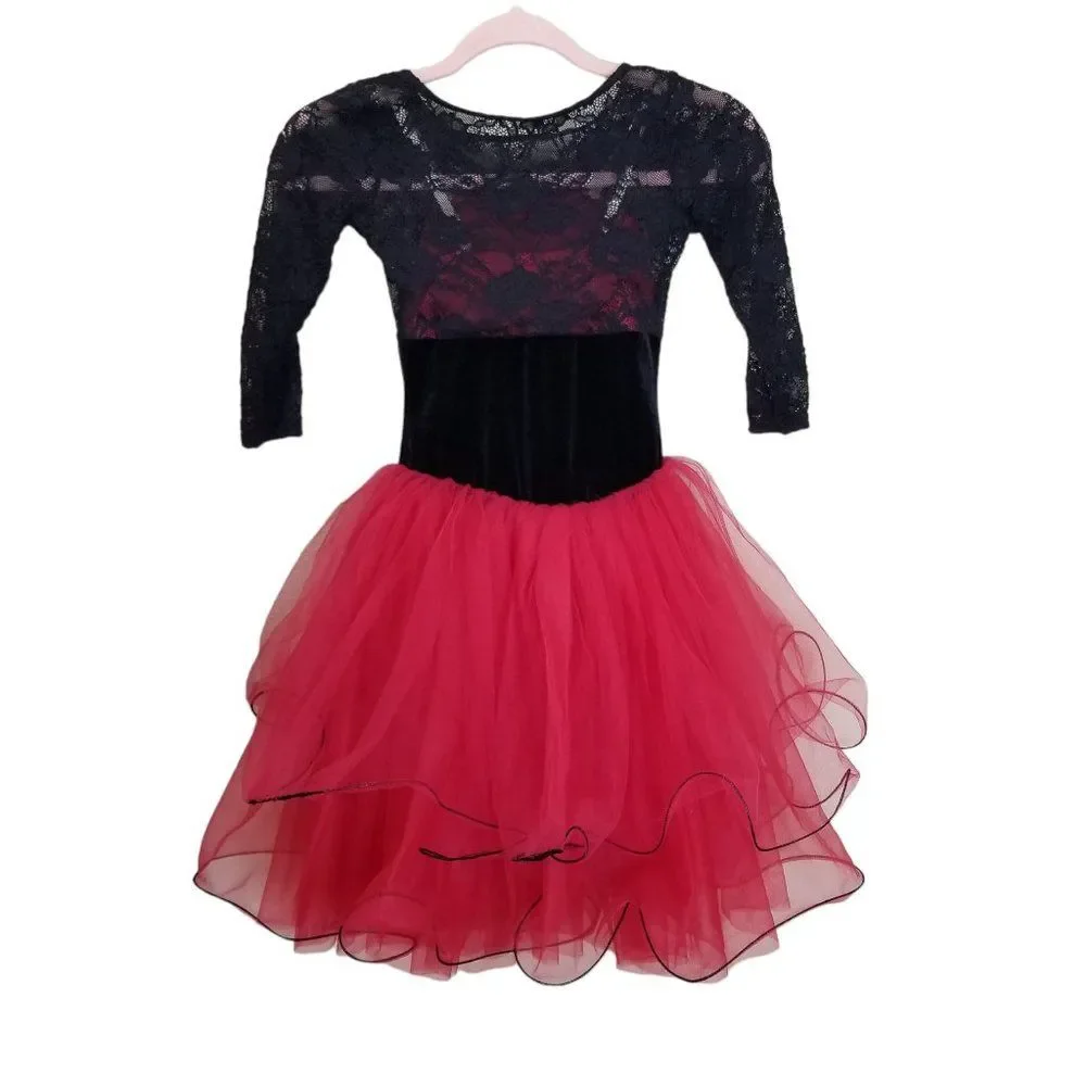 💃Girls Red & Black Lace, Velvet and Tulle Dance Costume Size CME💃